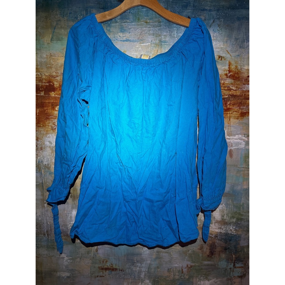 Michael Kors Blue Linen Blend Off The Shoulder Tie Cuff Blouse 1X